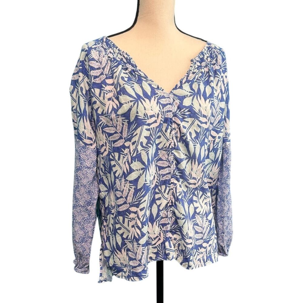 Sigrid Olsen 100% Linen Blue Botanical Long Sleeve Peasant Blouse Women's Large
